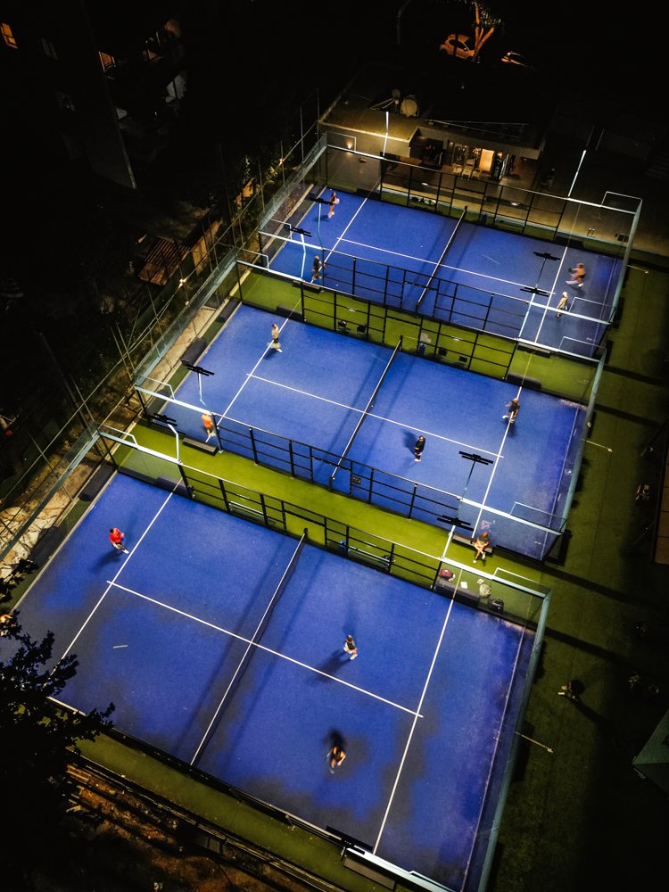 Aerial drone view of the courts at night