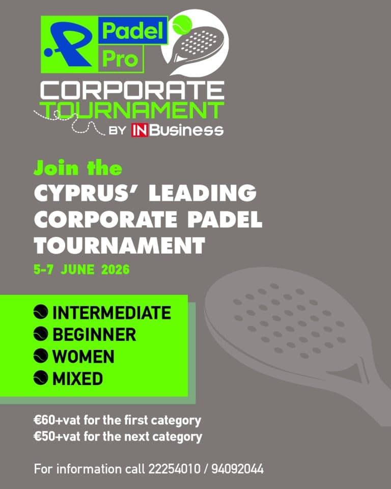 Promotional banner for the PadelPro Corporate Tournament 2026 in Cyprus, taking place 5-7 June 2026, featuring beginner, intermediate, women’s, and mixed padel categories with participation pricing and contact details.